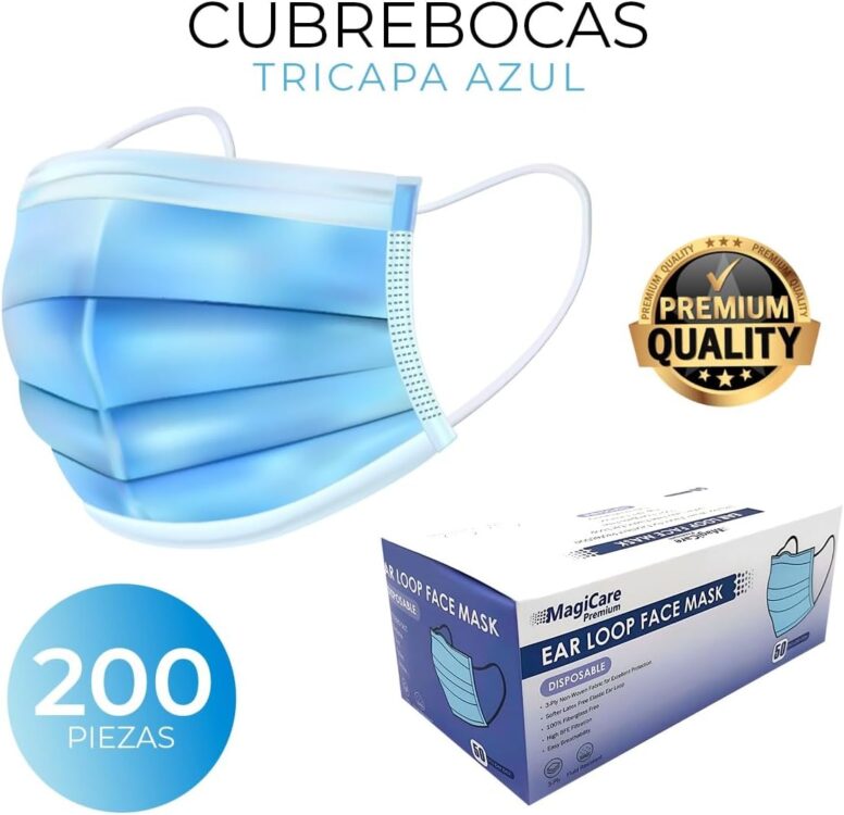 200 Cubrebocas Tricapa Termosellado Calidad Premium, COLOR AZUL, 200 Pack